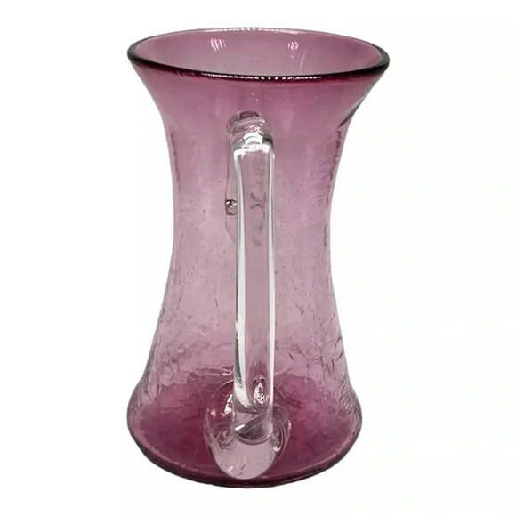 R. FOSTER Cranberry Pink Crackle Glass Pitcher Clear Handle VTG 1997 Signed 5.5" - Picture 4 of 7